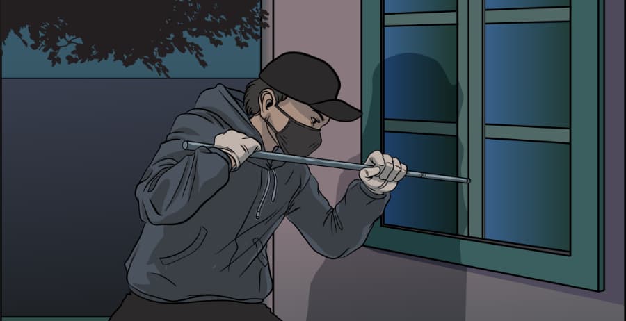 Illustration of burglar forcing entry through a window in McAllen